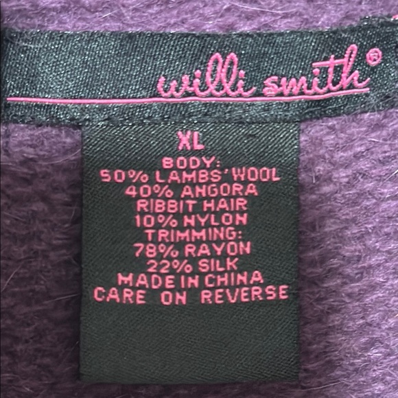 Willi Smith Purple Lambswool Angora Silk Blend Velvet Ruffled Trim Cardigan XL - Picture 2 of 9